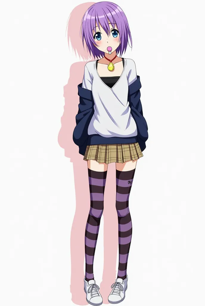 Mizore Shirayuki from the anime Rosario Vampire she has short purple hair that reaches her shoulders, blue eyes with a little purple at the top, large B cup size breasts, she has a lollipop in her mouth, she wears a light brown pleated plaid skirt, a dark ...