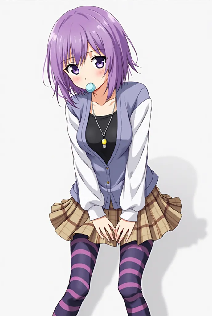 Mizore Shirayuki from the anime Rosario Vampire she has short purple hair that reaches her shoulders, blue eyes with a little purple at the top, large B cup size breasts, she has a lollipop in her mouth, she wears a light brown pleated plaid skirt, a dark ...