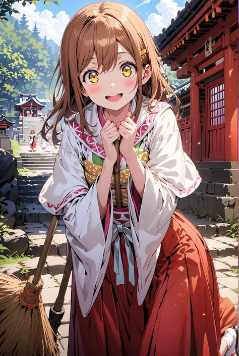 Hanamaru Kunikida,  long hair, bangs, brown hair, yellow eyes all the way to the tip,smile,blush,opens her mouth, shrine maiden costume, white kimono , white socks,Sandals,Red Hakama,holding the broom grip with both hands,I'm cleaning the stairs with a bro...