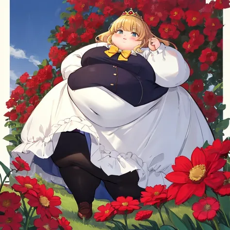 Beautiful Queen, obesity, very large body,  my stomach is sticking out, The whole dress completely covers the body.、(yellow and white long sleeve princess dress outfit with bowtie collar)、 high neck shirt、long skirt with low skin exposure,full body,  with ...