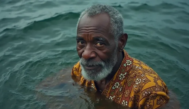 Baba Kunle drowning in deep water.
Baba Kunle is a wise, elderly African man with deep brown skin, a neatly trimmed beard, and kind but tired eyes. He wears a traditional agbada with intricate embroidery.
