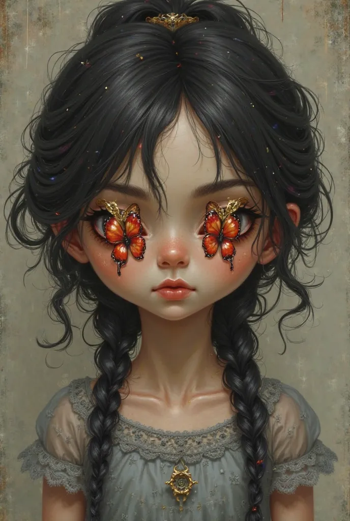   A dark-haired girl with dark date hair whose hair is tied from a tomato top from Khalet Nirah has two abbey butterflies over her eyes and her eyes are closed and she is wearing a lace colored gray dress.