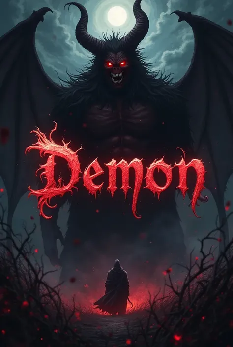 An anime-style image with a "Demon" theme. The text "Demon" is clearly displayed in a gothic and scary font, harmoniously integrated into the design. The background shows a dark and dramatic scene with a demon 