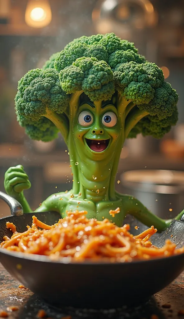 A piece of broccoli gives itself a motivational speech before jumping into a steaming stir-fry.