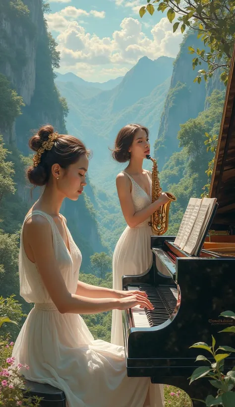  Fantastic Scenery,beautiful women playing jazz piano、beautiful women playing alto saxophone,white dress,