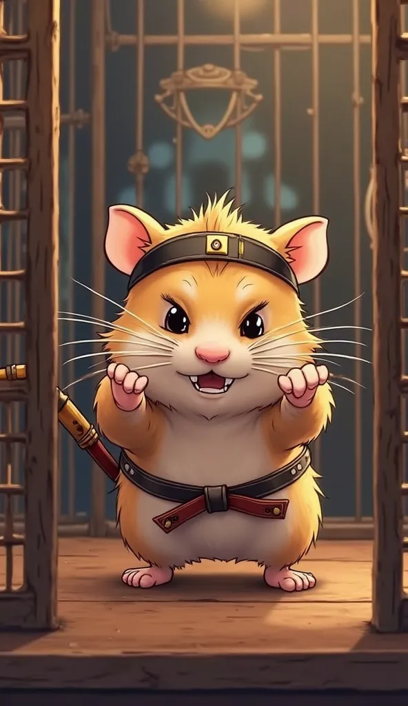 A cartoon-style hamster named Takeshi, with a fierce expression and his samurai headband on, is determinedly training in his luxurious cage. His tiny paws grip the bars of the cage as he performs push-ups, showing his strength and focus. The exercise wheel...