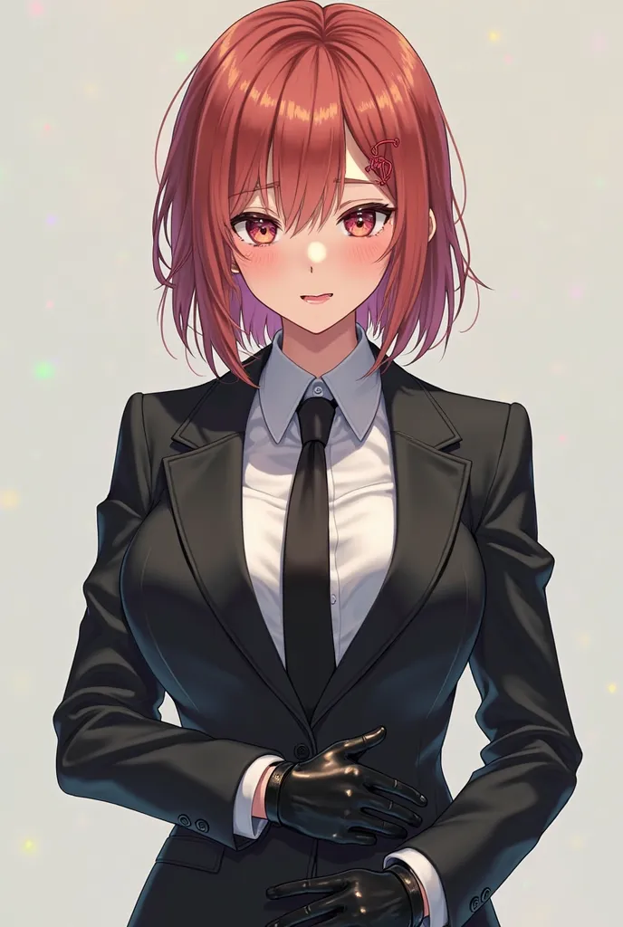 Anime girl white sweat black tie black suit black glove stomach ache