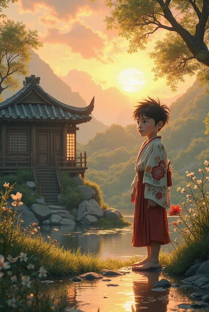 No not like this ancient Japanese village boy and Japanese ancient house with the time of sunrise and small house and his going to nearby pond of a mountain 