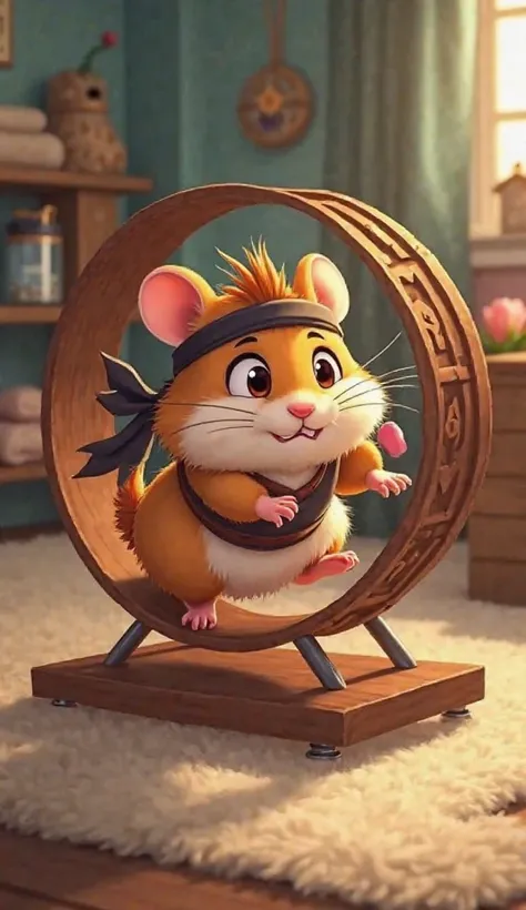 A cartoon-style hamster named Takeshi, wearing a small samurai headband, is intensely training on a typical hamster wheel inside his luxurious cage. His tiny paws grip the bars of the wheel as he runs at full speed, his body stretched with determination an...