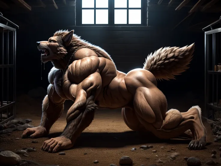 (( This is the best quality )), ((  masterpiece )), ((4K，clearly visible,high resolution)) ((( alone ))), Werewolf，(((  Transformation Process 进行到一半 )))，( short,fluffy fur with visible skin tone )，vastly enlarged chest cavity,bulging outward due to extreme...