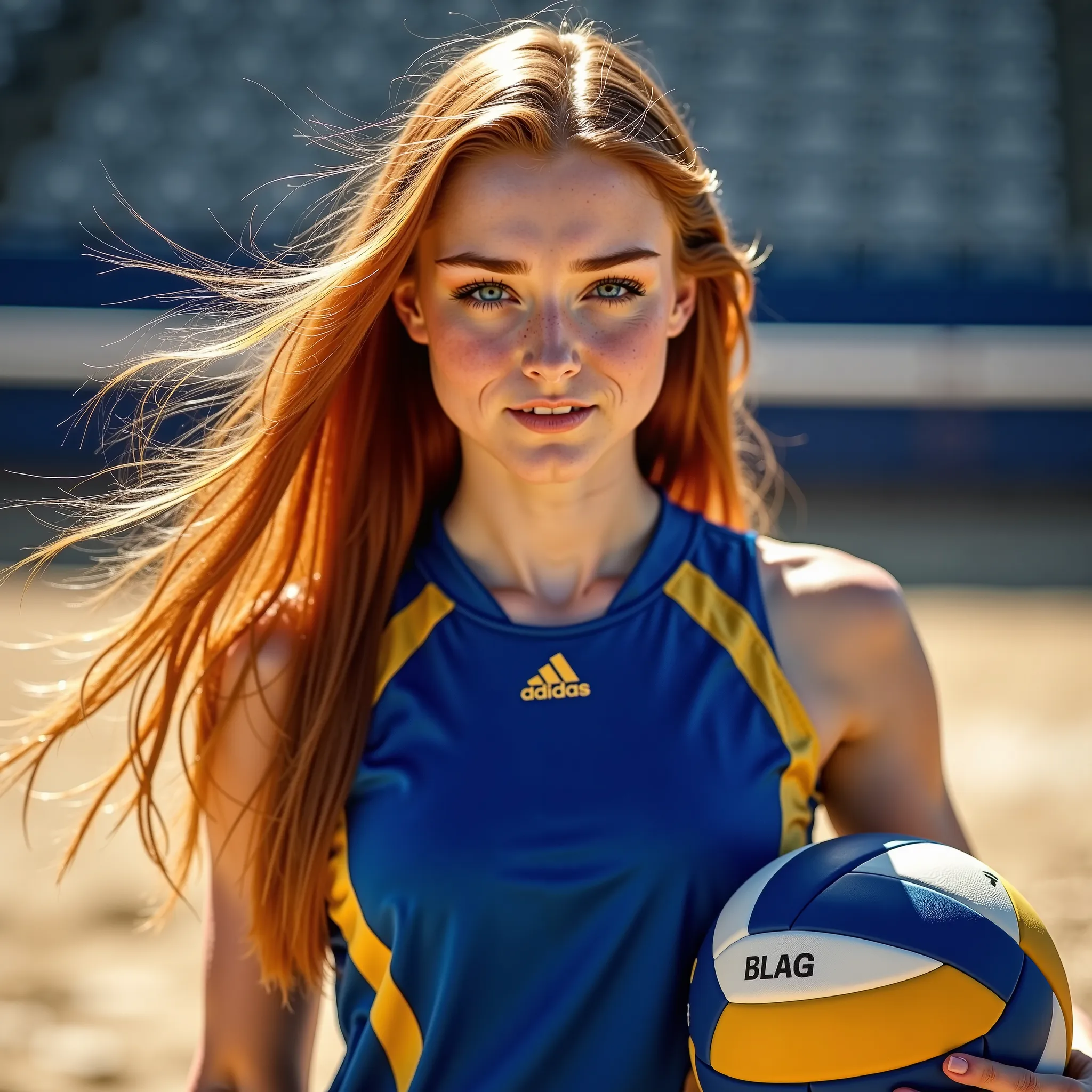 (best quality,4k,8k,highres,masterpiece:1.2),ultra-detailed, 1girl, Norse God Thor as Female college student, Red hair. Blue volleyball uniform with gold stripes and gold sleeves, Playing volleyball, facing viewer, sophieturnerlm, HDR, 8k, absurdres, cines...