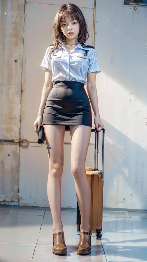 A beautiful, 24-year-old Japanese woman with perfect anatomy, healthy thighs, beautiful legs, beautiful skin, random hair color and style, large breasts, (wearing a flight attendant uniform with a mini-skirt:1.3), (she is standing:1.2), full body shot, pum...