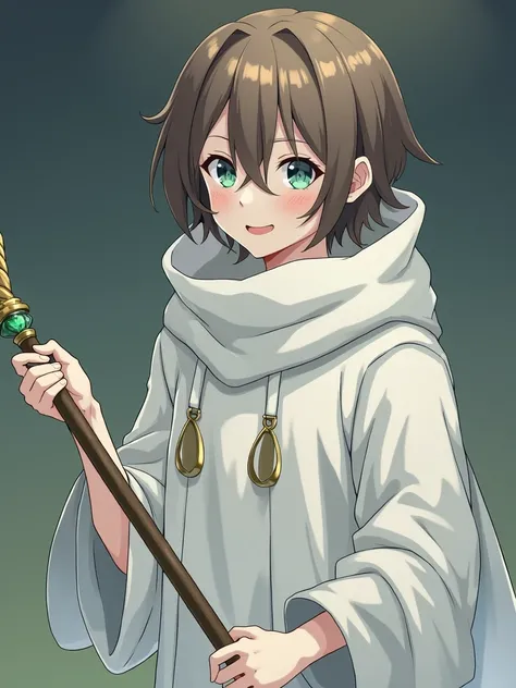 1 man、shortcut, brown hair,  bangs between your eyes, droopy eyes, green eye,  gentle smile,  anime,  anime風, A cane with a green jewel on the tip,A cane is not a broom, white robe, Broom,Overlooking, Inside the labyrinth,healer,wizard