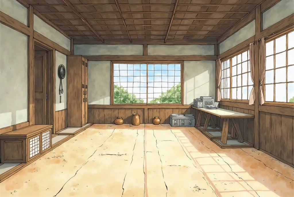 Scenery without people、Part of the interior of a large, simple izakaya from the Edo period、Earthen floor、Watercolor anime style illustration