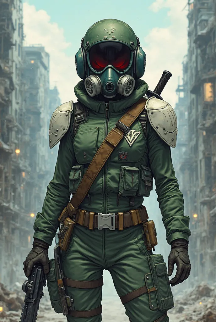 An apocalypse survivor wearing tactical equipment with white shoulder pads, green pilot's tactical helmet, a sword in the hand and gas mask anime style