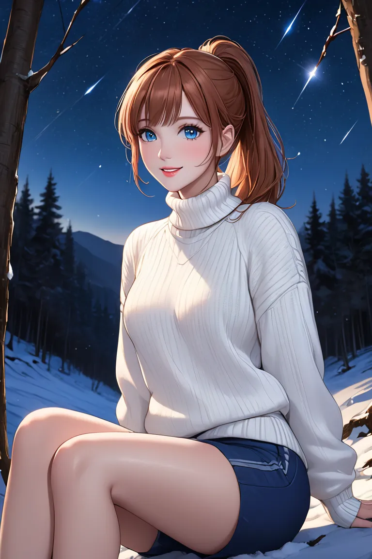 (masterpiece, best quality, 8k, high definition), whole body, 1 woman, white skin, light auburn hair in a ponytail and bangs, mid-chest, blue eyes, soft lips, beautiful face, natural light, detailed background, detailed illustration art, wearing thick whit...