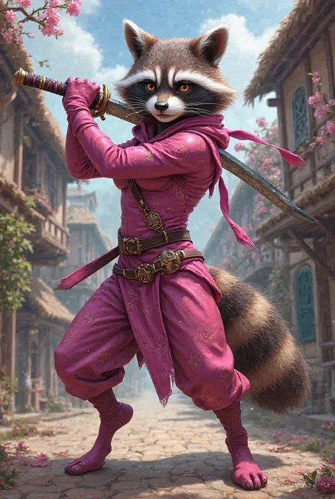 Racoon with boobs with a katana wearing a pink ninja uniform in a DND inspired village 