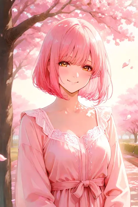 maxi dress,pink hair,smile,Japan,cherry blossoms