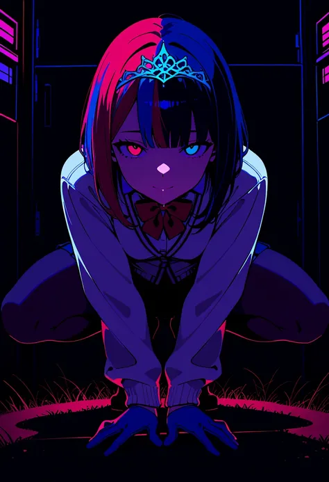 , neutral, expressionless, standing, looking at viewer, (((blunt cut, bob, blunt bangs, bob cut))), wiry, gloves, choker, bodysuit, cowboy shot,Shaded face , saliva trail, rolling eyes, no pupils, 1girl, solo,rikka takarada,black hair,long hair,blue eyes,(...