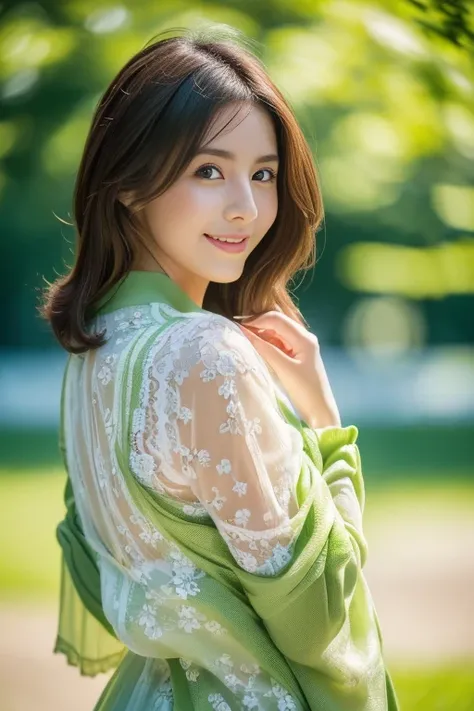 (8k, RAW photo, photorealistic, HQ, masterpiece, Brightly exposed photo), a cute Japanese woman, (glowing eyes), 
(light smile), dark brown hair, (Elegant outfits for spring, Delicate floral pattern on white background, Lace cardigan), Seductive pose,  (in...