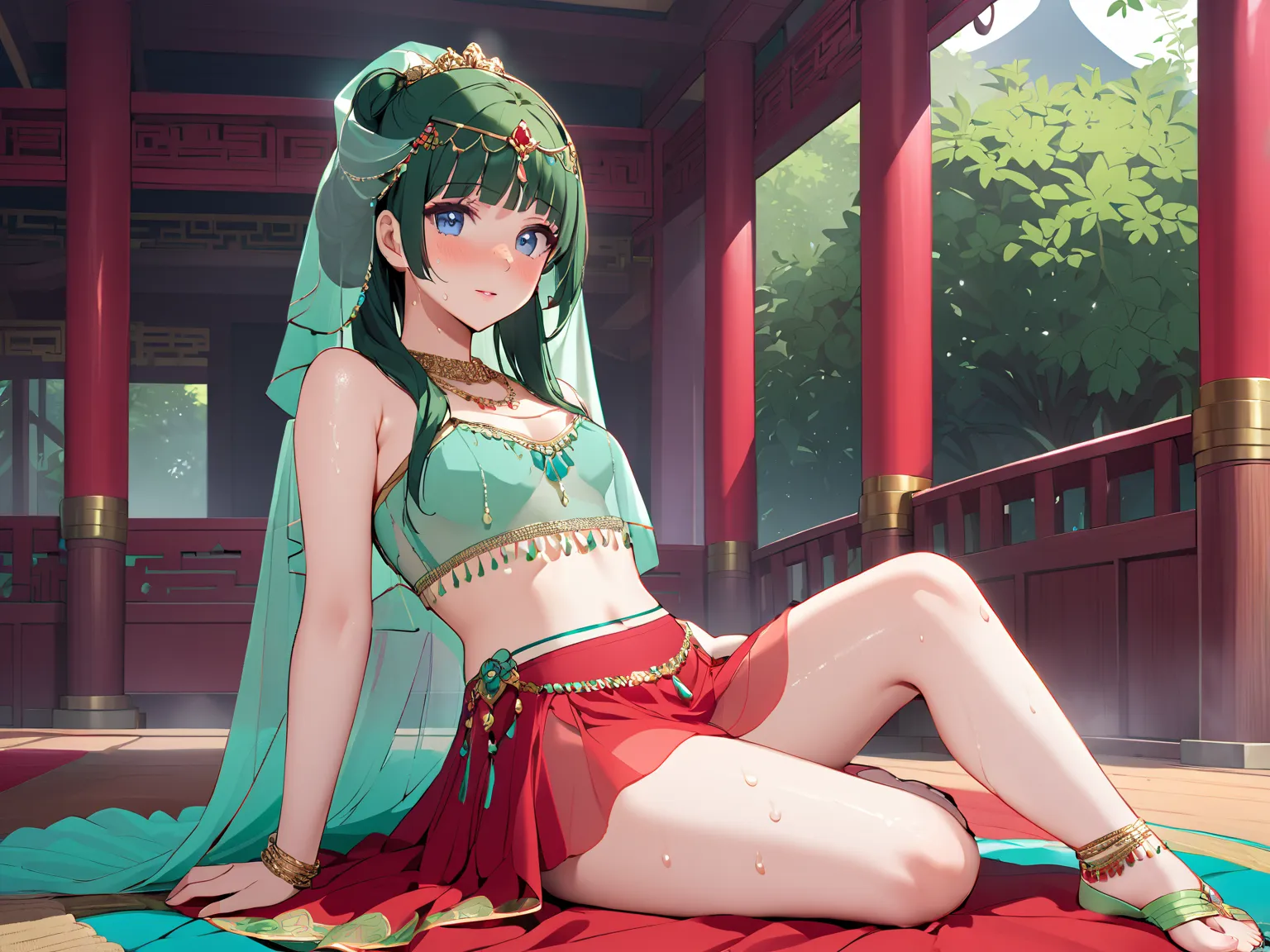 Alone ,  1girl  , jewelry  , see-through red skirt  , dancer veil, circlet , wearing edgMes ,see-through harem outfit , Sit with your knees crossed , pelvic curtain ,  ( Sweaty , crop top:1.2) ,  toeless legwear , 薄っすら cameltoe ,  maomao, blue eyes, blunt ...