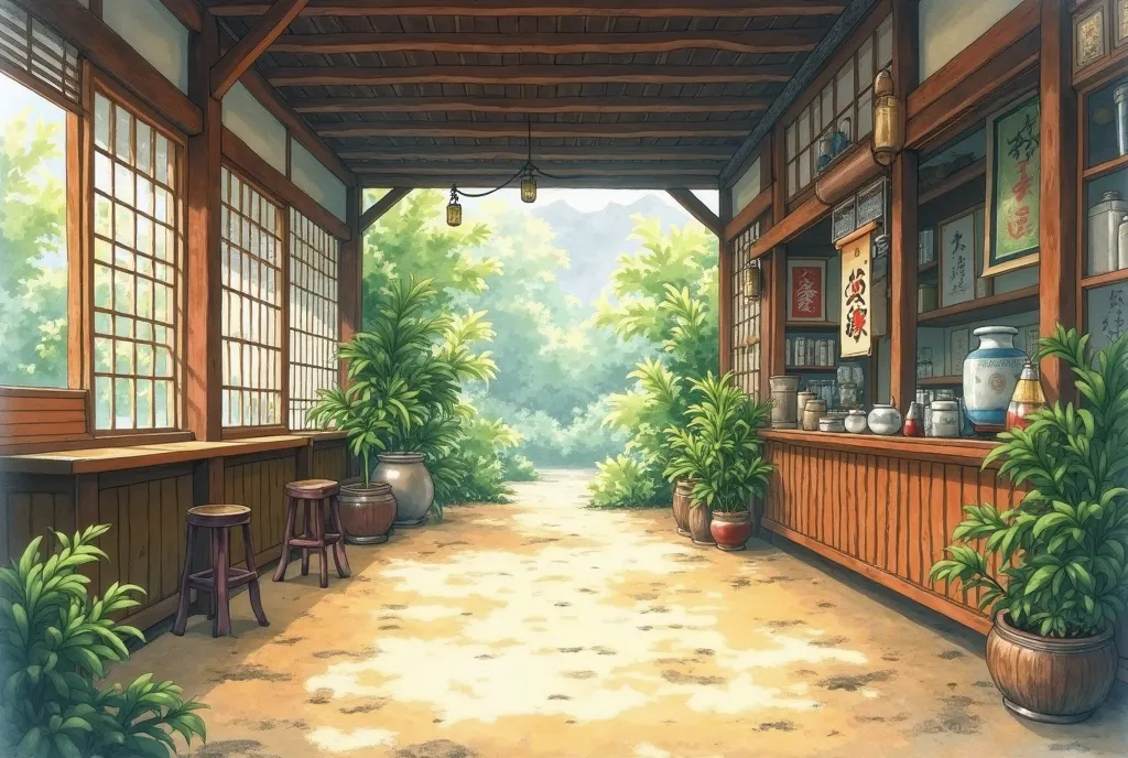 Scenery without people、Scenery inside an izakaya in the Edo period、Earthen floor、Watercolor anime style illustration