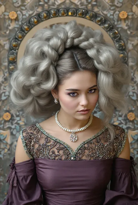 Her hair silver gold  curly  adorned with braids and a circlet , having purple eyes , wearing a rich purple dress adorned with jewels and and a pearl necklace 