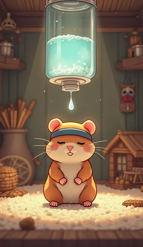 A cartoon-style hamster named Takeshi, wearing a tiny samurai headband, is meditating under the water bottle in his luxurious cage. He’s sitting cross-legged, his tiny paws resting on his knees, with his eyes closed in deep concentration. The water bottle ...