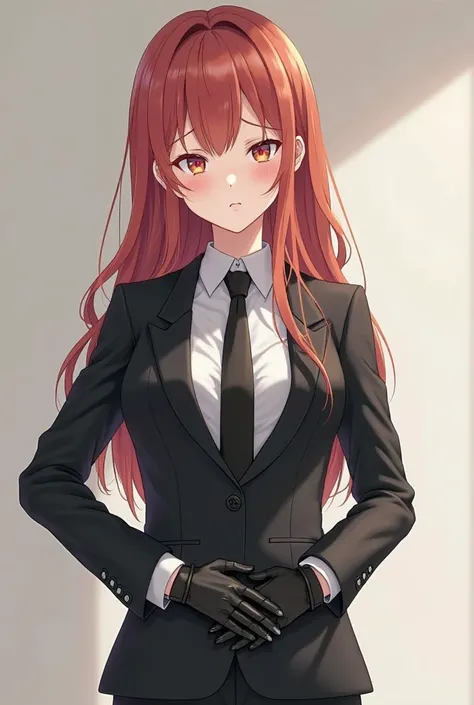 Anime girl white sweat black tie black suit black glove stomach ache