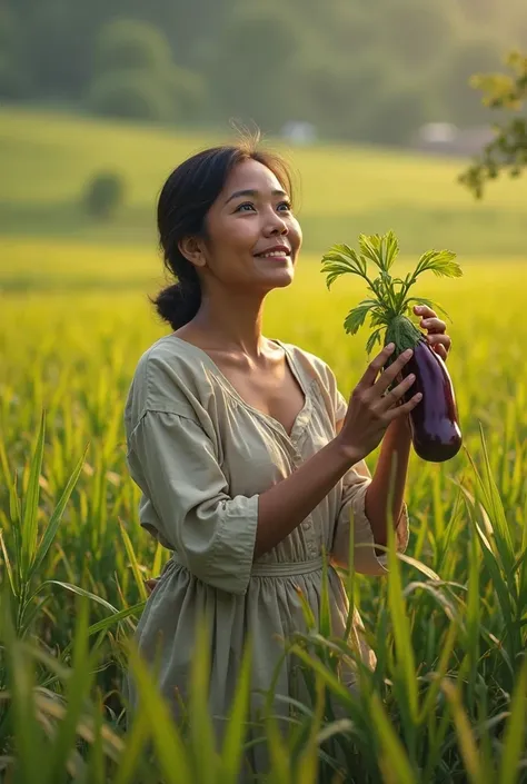 A girl Age 30 years,wearing a housedress, is in the rice field, Javanese face, picking eggplant, amazed facial expression, super clear image, ultra hd, 4k, realistic