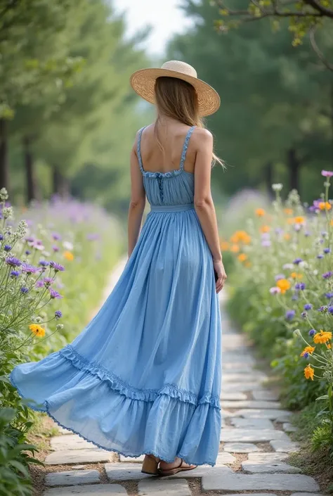 woman in a blue dress and hat standing on a stone path, summer dress giymiş, blue-and-white dress,  sitting with flowers , sun dress, sundress wearing, Akıcı bir summer dress giyiyor, sun dress giymiş, wearing a flowing dress, dressed in a long dress, summ...