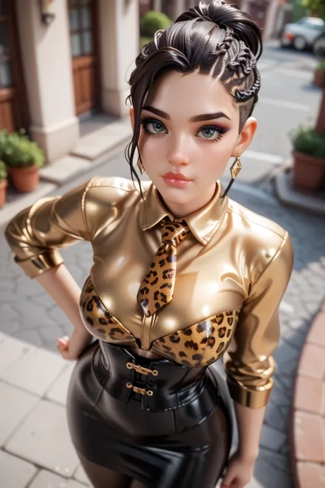   1 girl,     in an extremely tight   ,    shiny gold latex polo shirt, is in town , Leggings,     Hidden Hair Coloring,  reflection ,     reflecting light   ,    high resolution,    masterpiece , corset,necktie, long tight skirt ,  very shiny skin ,    ve...