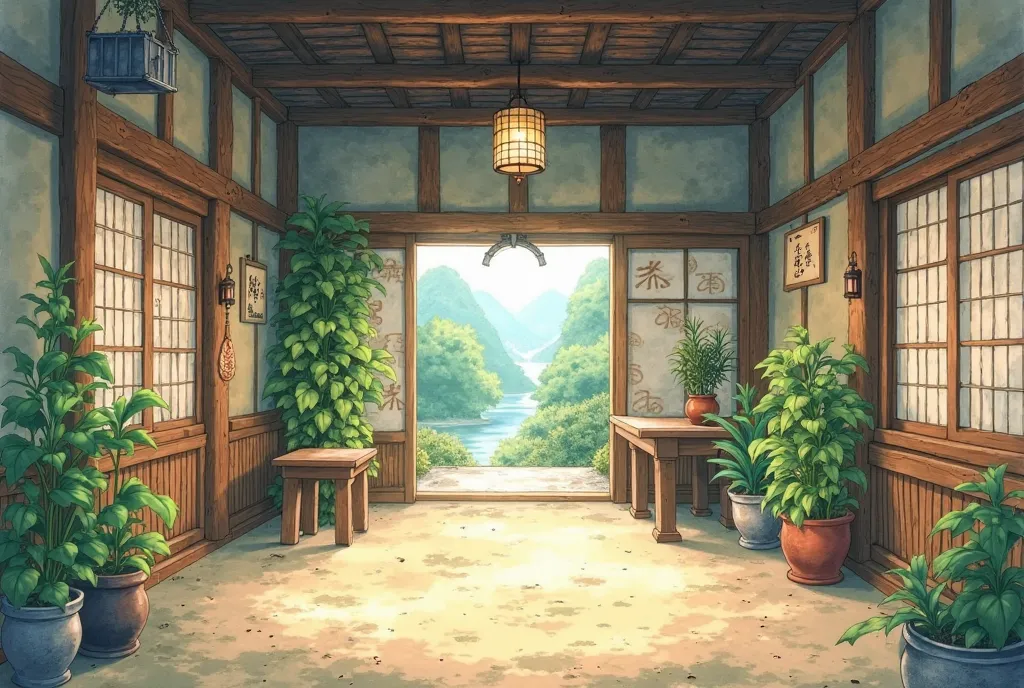 Scenery without people、Scenery inside an izakaya in the Edo period、Earthen floor、Watercolor anime style illustration