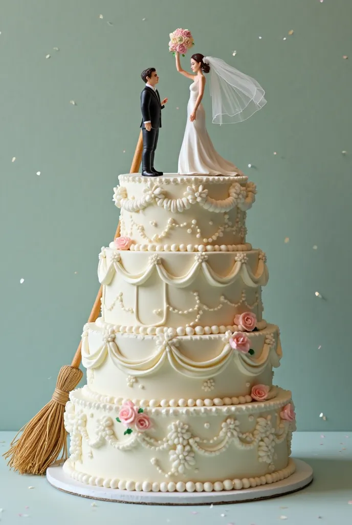 A wedding cake with slanting tiers that are being supported by a broom at the side with cake toppers placed on the top layer showing the bride figurine hitting  the groom figurine with her bouquet 