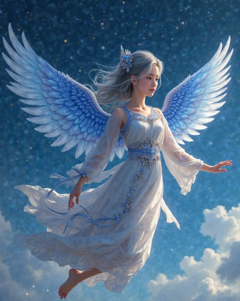 high resolution, quality, high resolutionสุด, โมเดลhigh resolution, Asian white girl with beautiful appearance, 25 gray hair, blue wings, beautiful Thai fabric dress with ornaments, she is flying in the sky under the stars at night. 8k