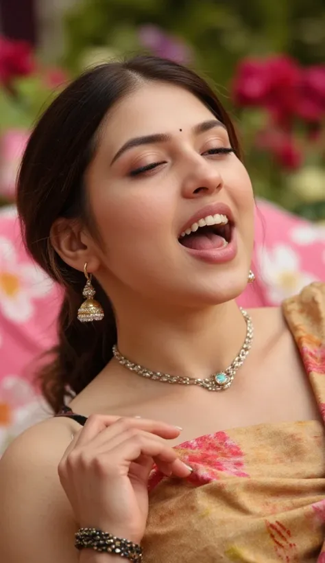 extreme close up photo of indian, satisfying orgasm expression face, wide open mouth, lying on pink flower garden, necklace, saree, ponytail, (cinematic:1.3), intricate details, (ArtStation:1.2)