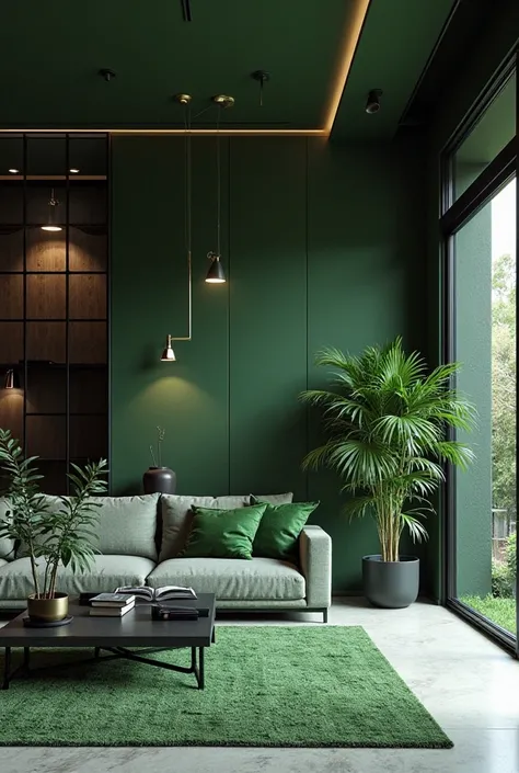 Create an interior design of a house with black and green