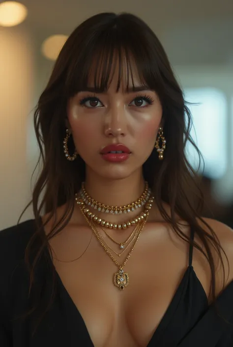 Highest quality，4K，masterpiece：1.2）、((image viewed from the front:1.5))、( completely naked in the office:1.3)、opens her mouth、necklaces、 thick makeup、lipstick、false eyelashes、high heels、(Super beautiful)、(Super beautiful顔)、(Detailed face:1.5)、(has a lively...