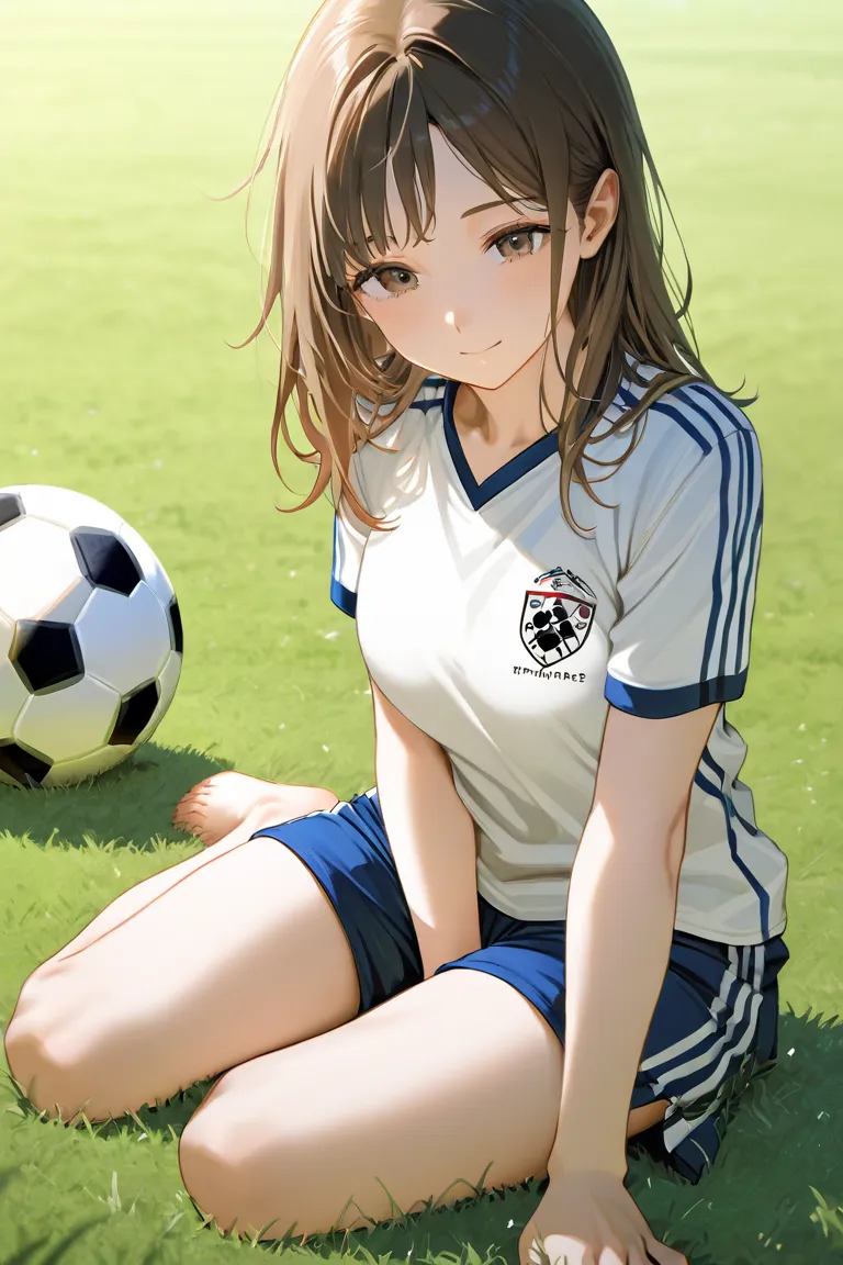 soccer_ball, ball, soccer_uniform, soccer, sportswear, brown_hair, solo, female_focus, 1girl, telstar, grass, white_shorts, bareoot, shorts, motion_blur, 
