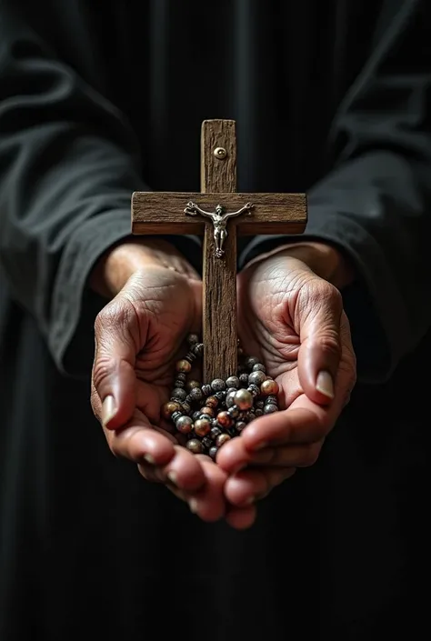 Praying hands carrying cross prayer beads (only showing hands) with black background