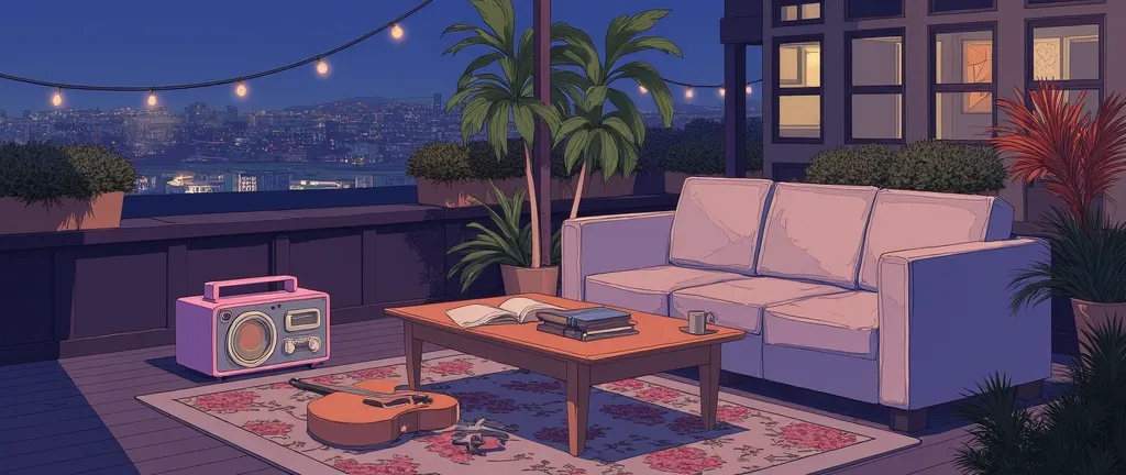 Rooftop at night、nighttime scene、outside of house、with no people、Calm and meditative atmosphere、houseplant、Lo-fi atmosphere、String Light、Cozy sofa、Pink radio with retro design、Hot coffee on the coffee table、Warm blanket、 books、There is an acoustic guitar、