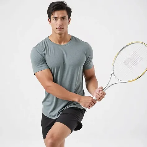 a muscular man, looking at viewer, serious face, short hair, simple background, shirt, black hair, white background, male focus, pants, black eyes, black pants, blue shirt, t-shirt, realistic, HD, detail