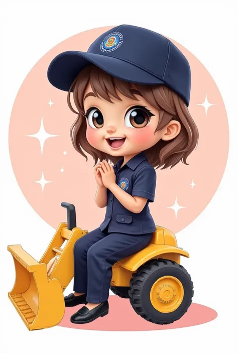 A cute cartoon style illustration of a brown-haired girl, wearing a dark blue short-sleeved uniform, slacks and a cap as the highlights, black pumps. She has a grateful expression, big round eyes, and a wide smile. She is sitting on a yellow backhoe. The b...