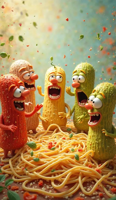 Spaghetti noodles argue about whether they should be coated in tomato sauce, Alfredo, or pesto.