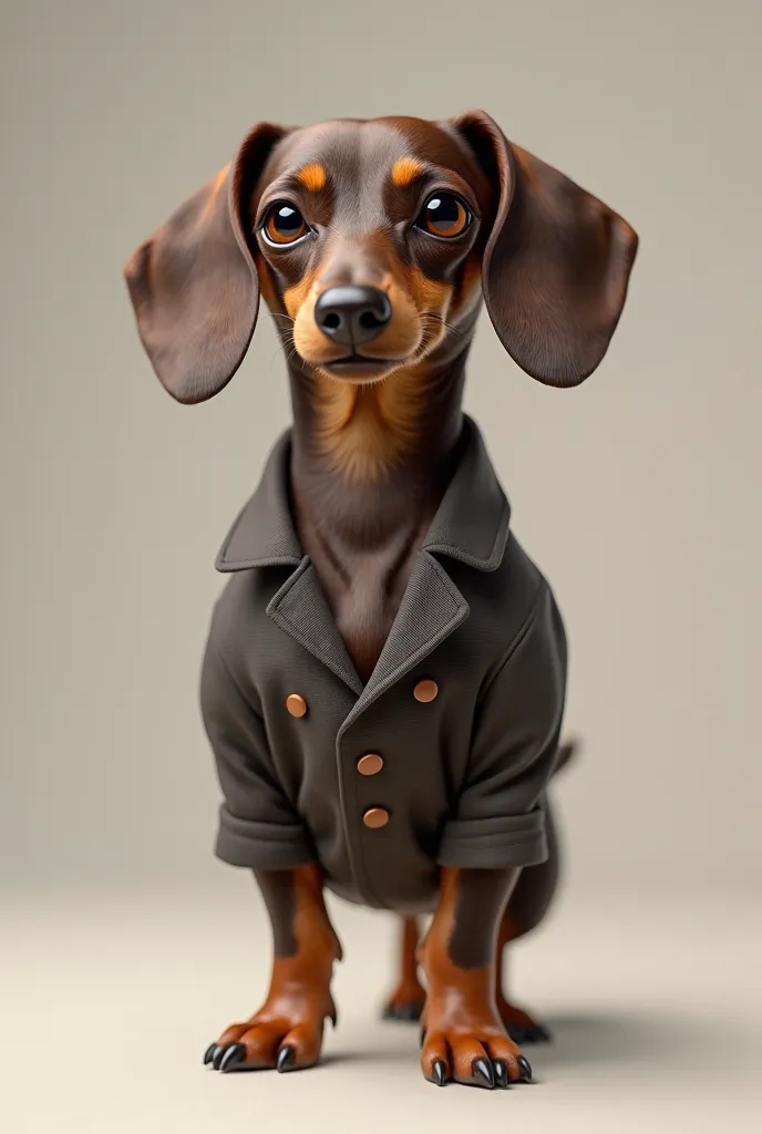 Realistic dog pictures、 wearing a blazer 、standing、二本足でstanding、 walking on two legs、 dachshund、A chocolate-colored dog