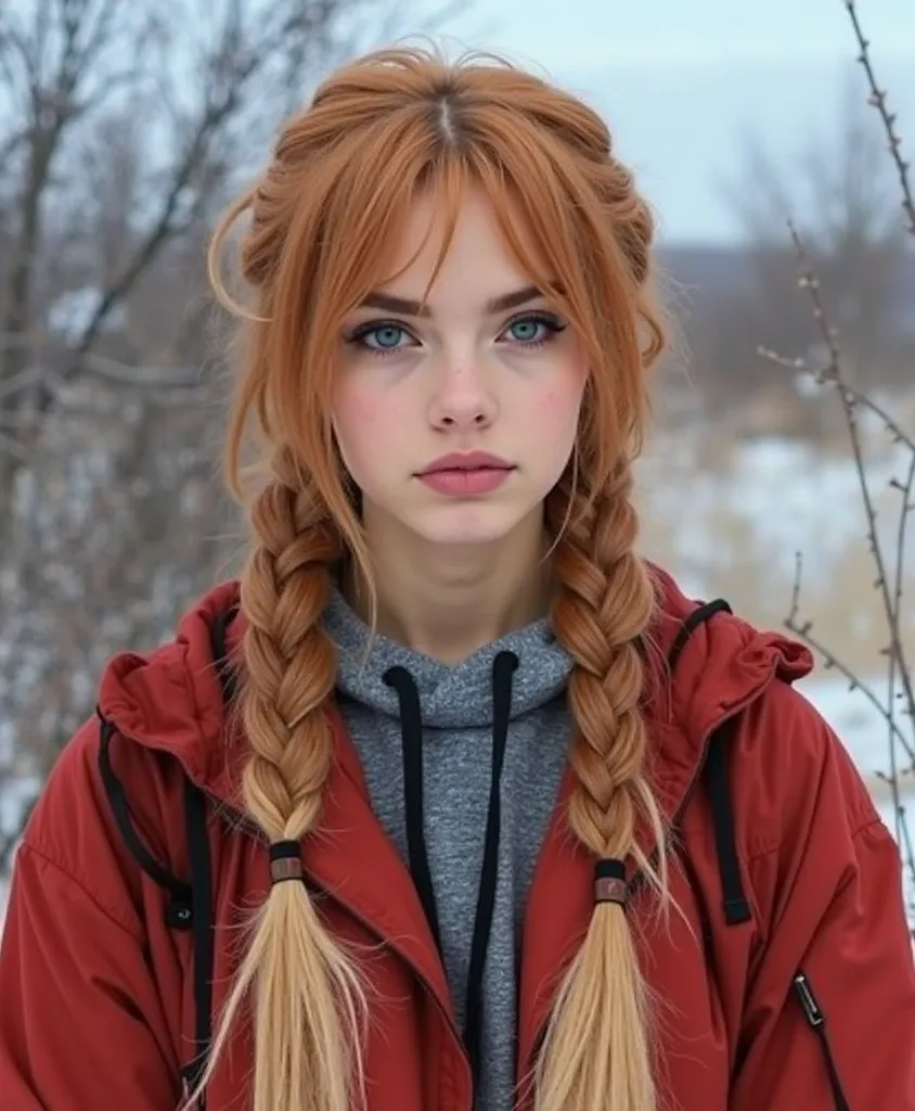 I want you to make a girl like this, blue eyes pink lips, red hair braid hairstyle. A sports jacket and for it to stand against the background of snow-white winter 