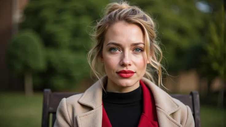 A woman sitting in the garden. Woman wears a black leather skirt, wearing a black blouse, a red blazer. Woman wears a beige cashmere coat.  The air is cold . The woman's hair and clothes are shaking from the wind. Woman wearing a coat. Detailed background....