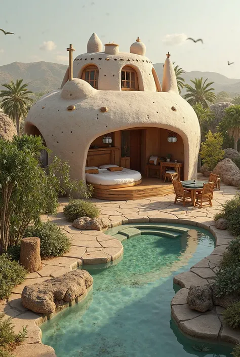 A simple yet luxurious 3D design of a sweet room in a resort, shaped like a ship, with a well-planned landscape exclusively on the ground floor, avoiding a high-rise structure. The design incorporates elements of Ethiopian cultural architecture, featuring ...