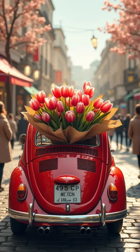 ### **Updated Detailed Description for Image Generation:**  

- **Main Object:**  
A vintage car in a rich red color is driving along a beautiful spring city street. On its roof, there is a huge bouquet of tulips in red and white shades, wrapped in kraft p...