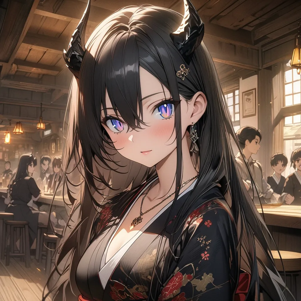 (((anime))) One woman,Gal,long hair,(black Hair),hair split between eyes ,necklace, black japan kimono, shiny skin, a par of black dragon horns, Look this way, blue eyes, Big pupils, slit pupils, tavern, masterpiece,Highest quality,Exquisite,8k,Absurd,Ultr...